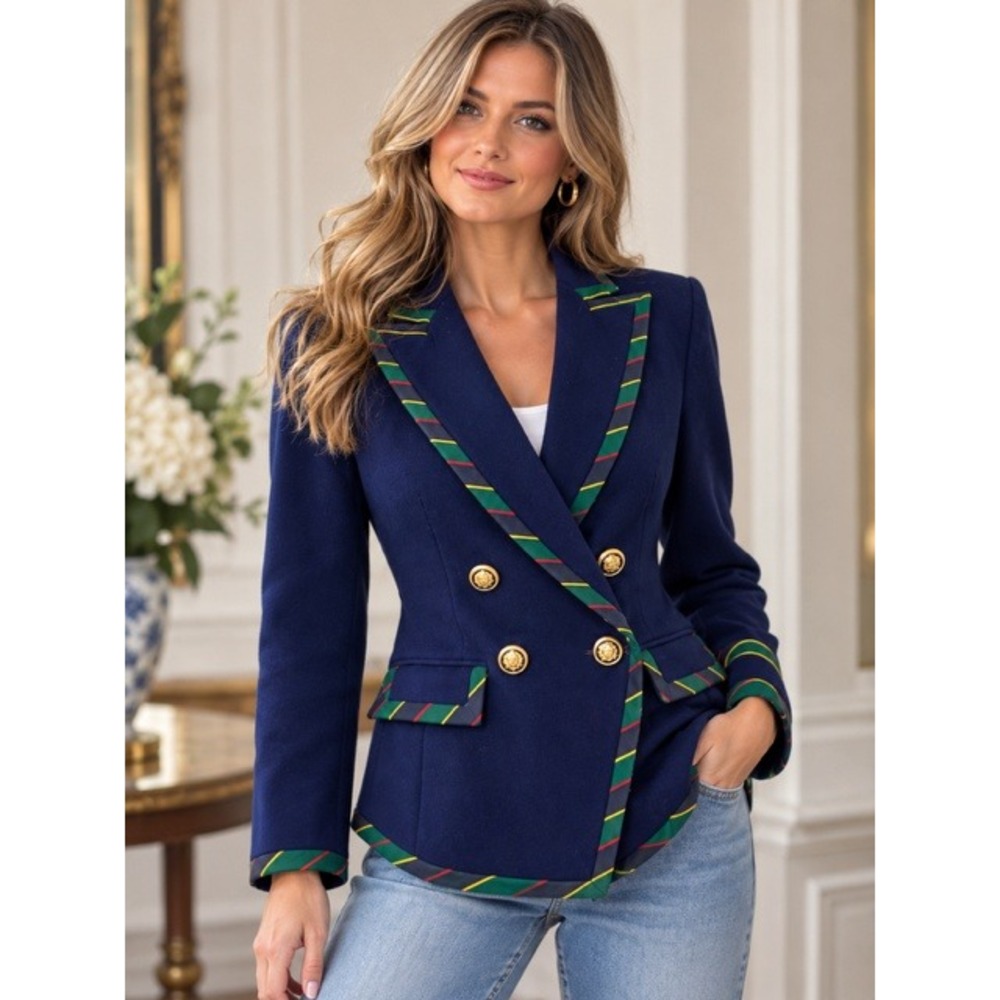 Talbots Petite Navy Blue Double Breasted Blazer Striped Trim Gold Buttons 2P